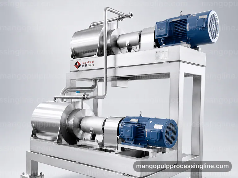 industrial mango pulp processing line, installation and maintenance: pulping with fiber refinement section connection view