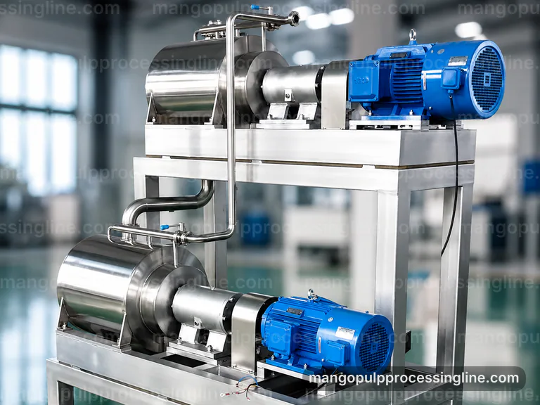 industrial mango pulp processing line, feed and output handling: pulping with fiber refinement section connection view