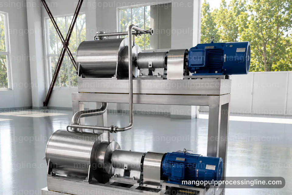 industrial mango pulp processing line, feed and output handling: mango destoner pulper operating stage