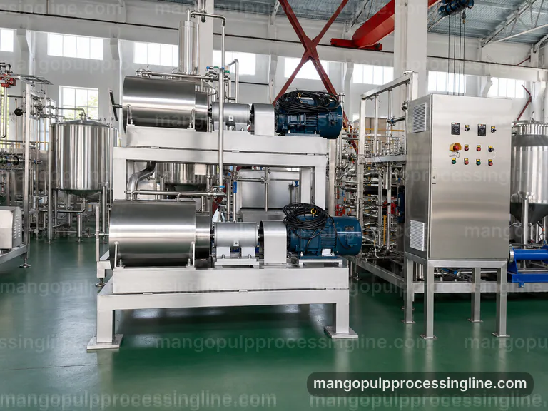 industrial mango pulp processing line, process sequence: mango destoner pulper connection view