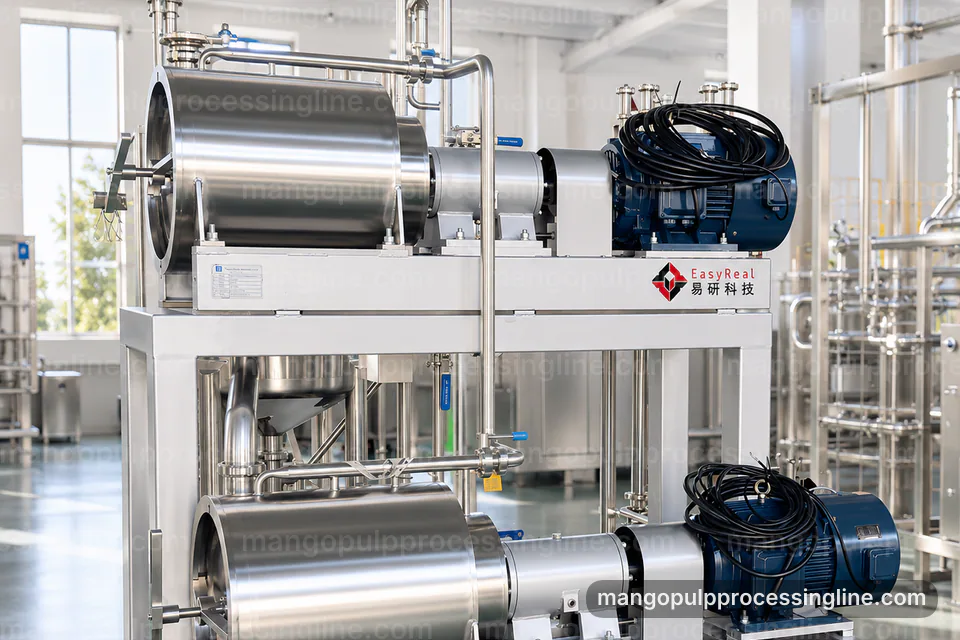 industrial mango pulp processing line, process sequence: pulping with fiber refinement section operating stage