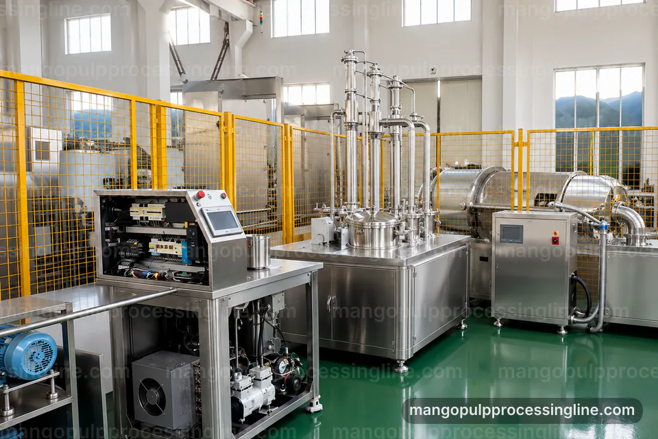 industrial mango pulp processing line, configuration options: pulping with fiber refinement section operating stage