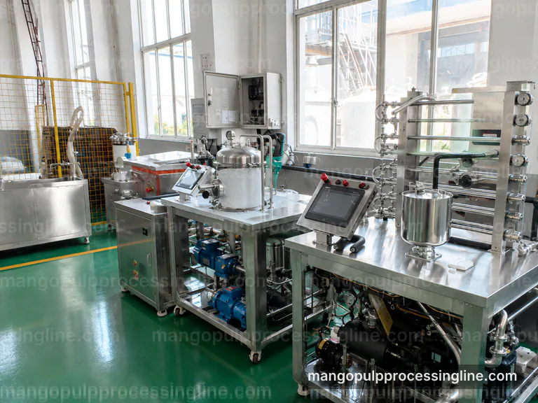 industrial mango pulp processing line, operating principle: pulping with fiber refinement section connection view