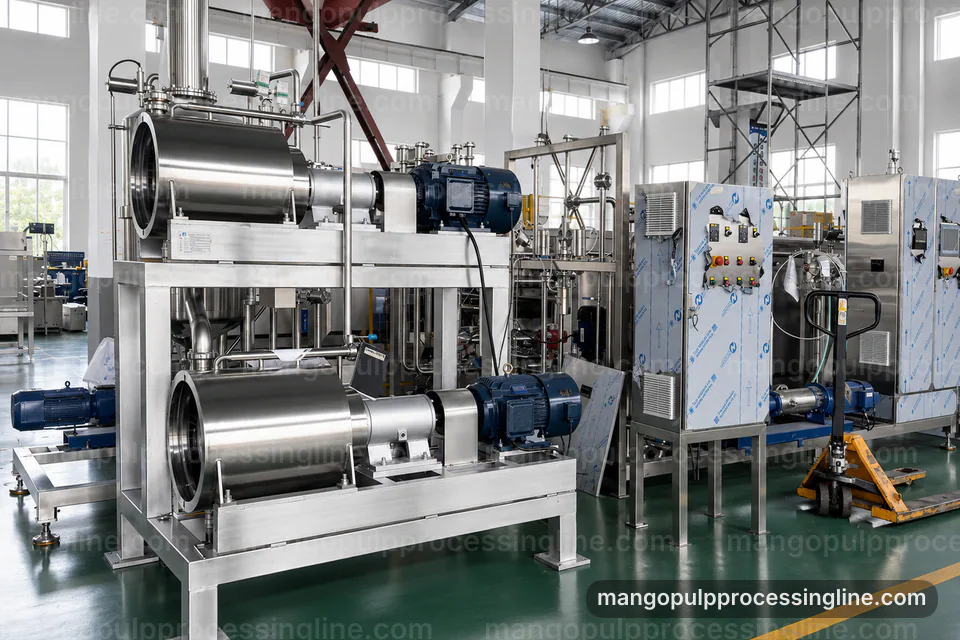 industrial mango pulp processing line, operating principle: mango destoner pulper operating stage