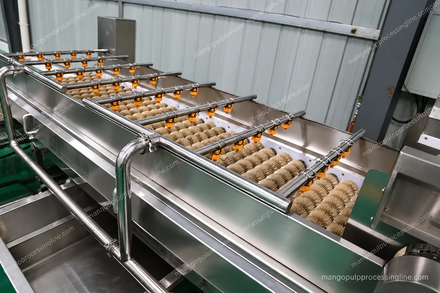 Stainless steel roller brush washer with overhead spray bars and water collection underneath