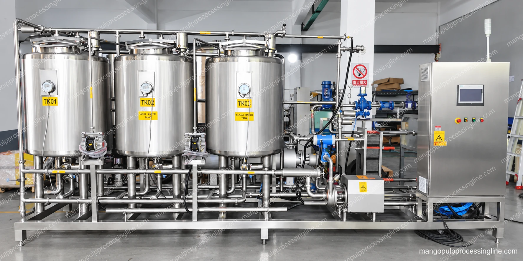 Three-tank CIP skid with pumps, interconnecting valves, heat-exchanger assembly and touchscreen cabinet