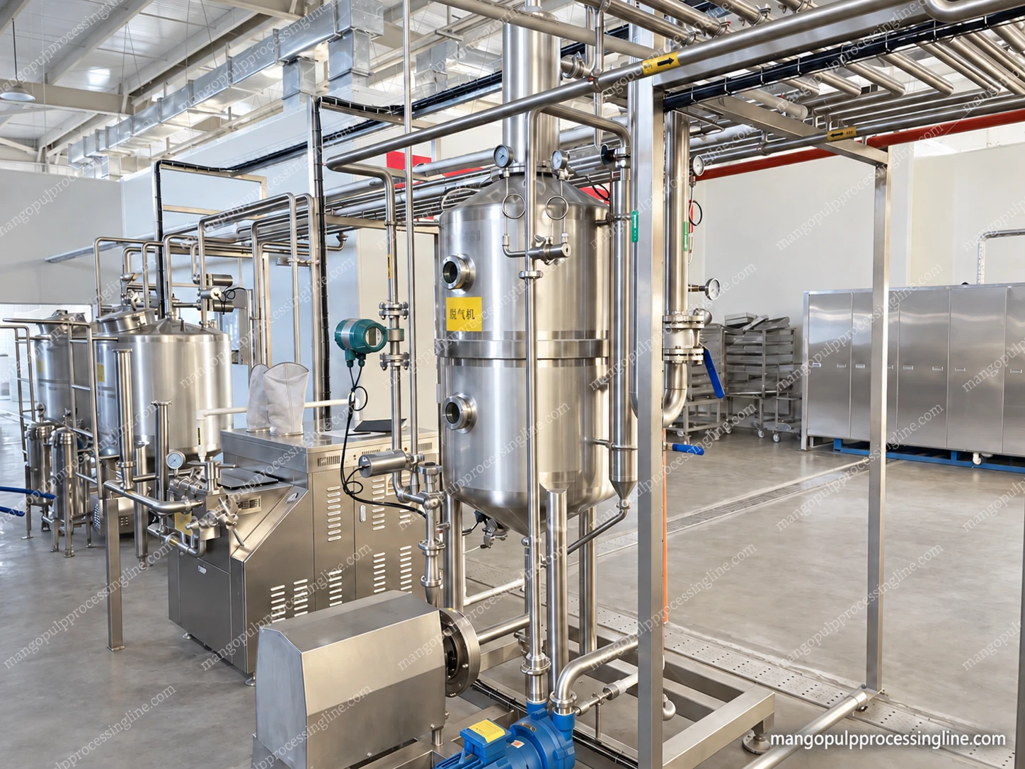 Vertical deaeration vessel with sight windows, gauges, cone outlet and surrounding process piping
