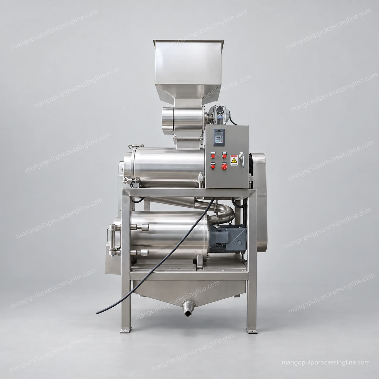 Combined mango destoning and pulping machine with a feed hopper and stacked processing chambers