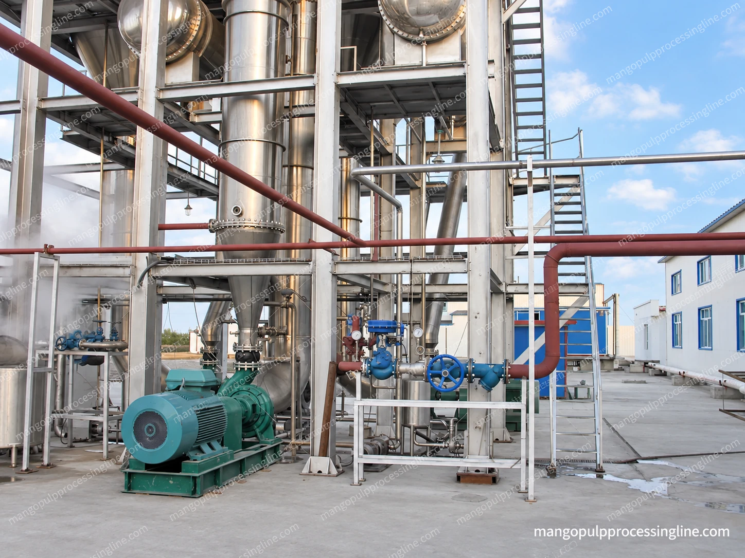 Industrial evaporation installation with vertical vessels, a raised platform and a large external circulation pump