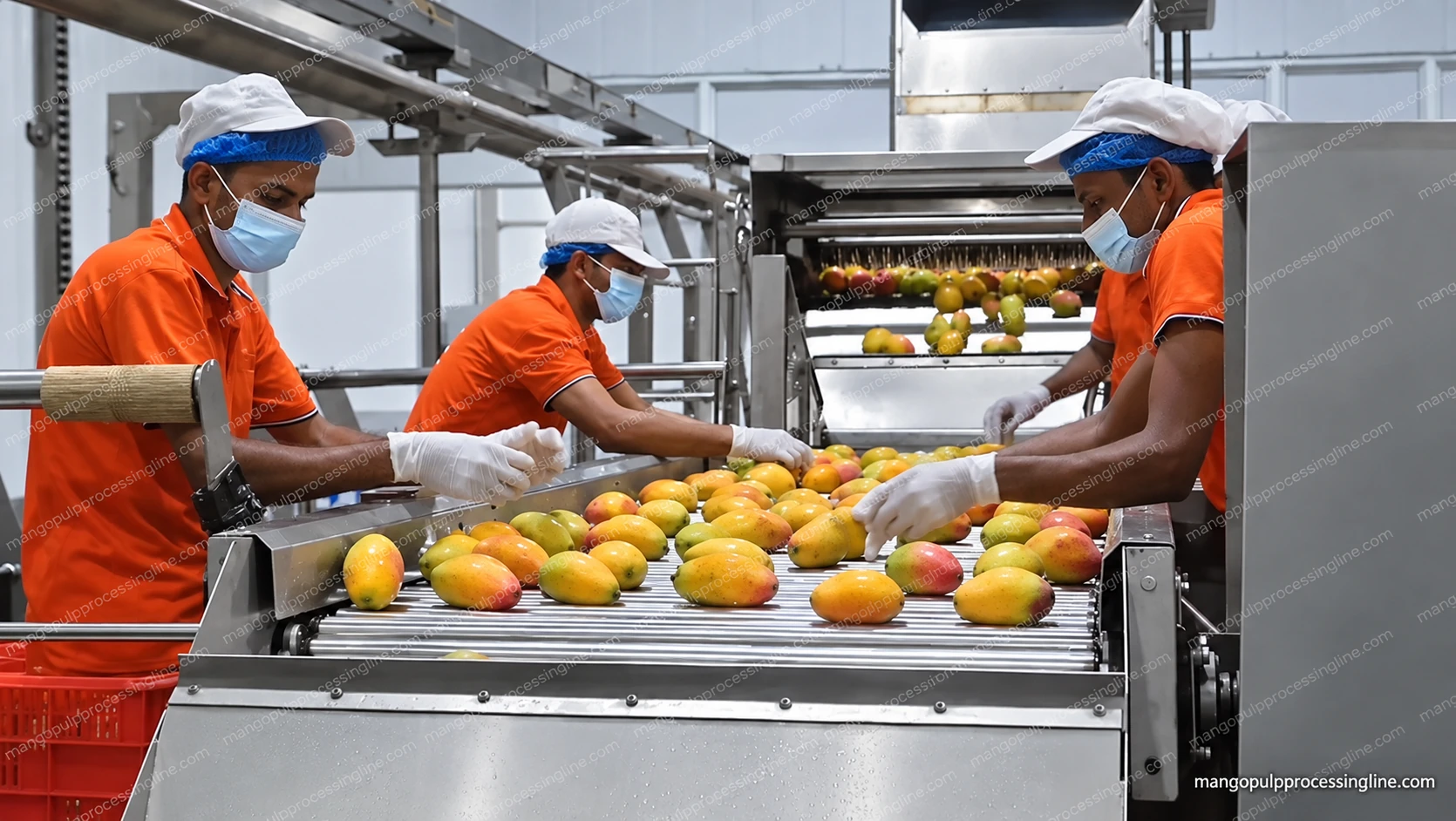 Operators sorting mangoes on the preparation section of a mango pulp processing line