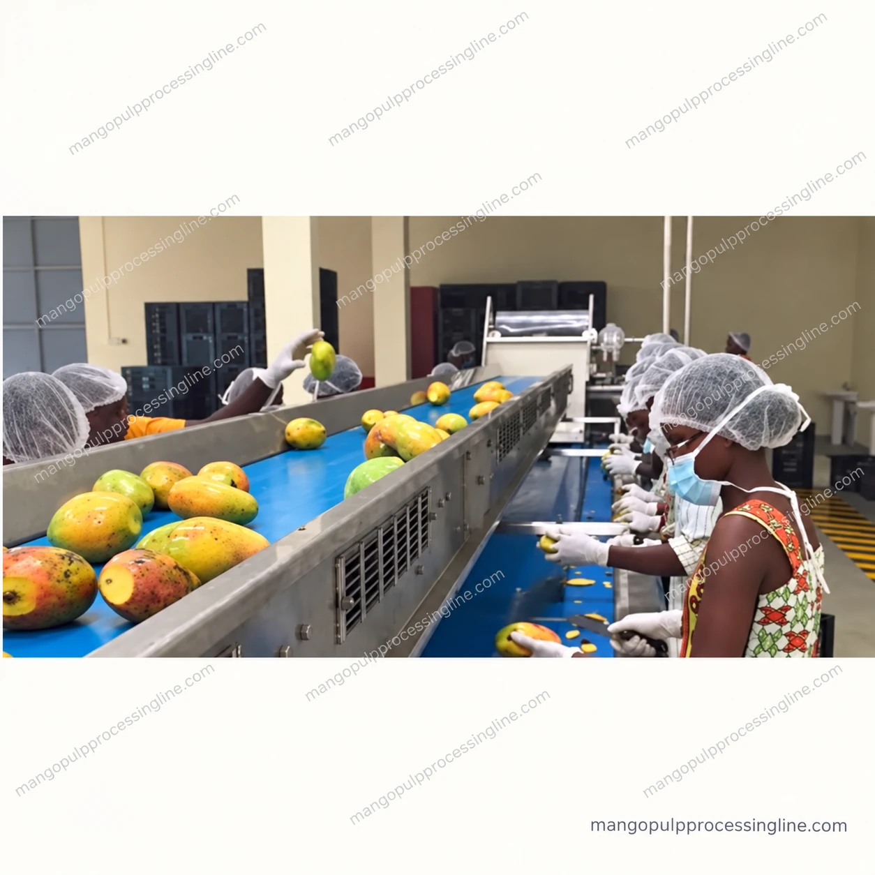 Operators manually selecting whole mangoes along a sorting conveyor