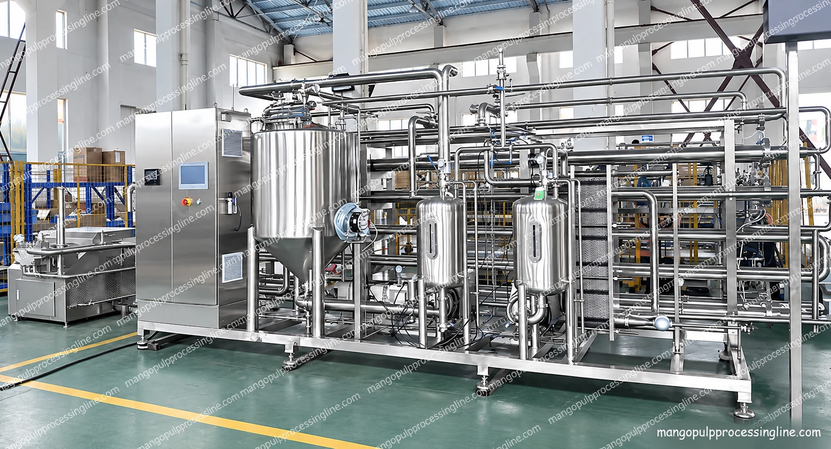Tube-in-tube thermal skid with straight parallel tube runs, a feed vessel and control cabinet